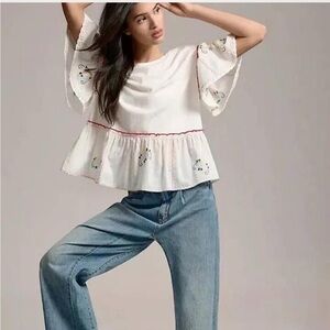 Anthropologie Cream Peplum Top with Red Trim and Embroidered Accents